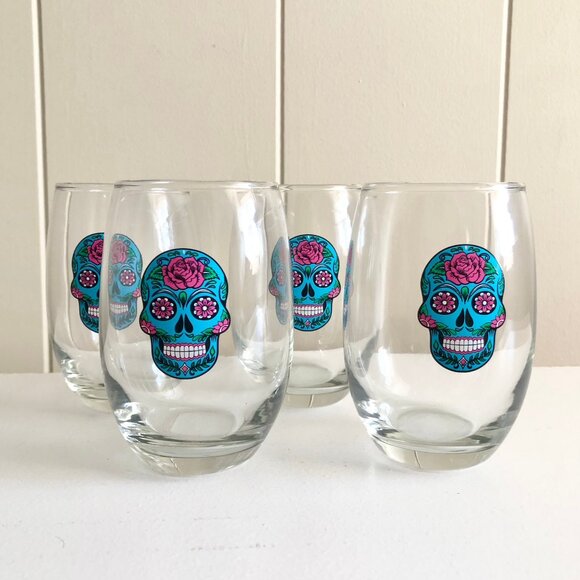 Cristar Aqua Blue Sugar Skull Stemless Wine Glasses Set of 2 Day of The Dead - Picture 2 of 5